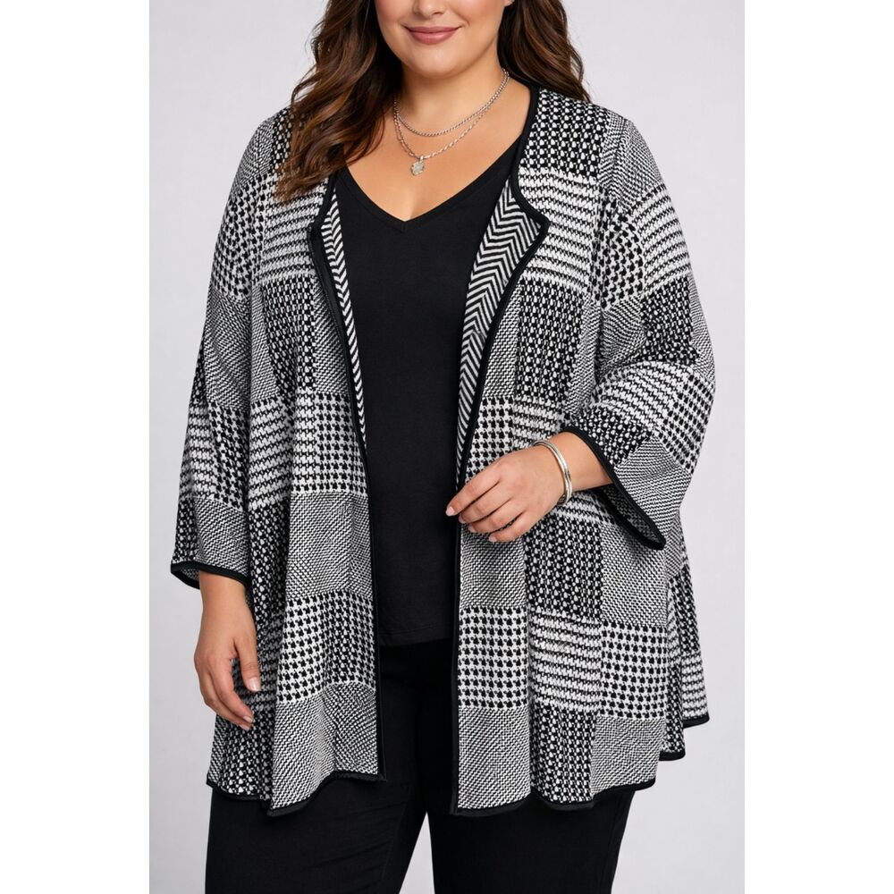 Talbots Plus 3X Open Front Knit Cardigan Jacket Black & White